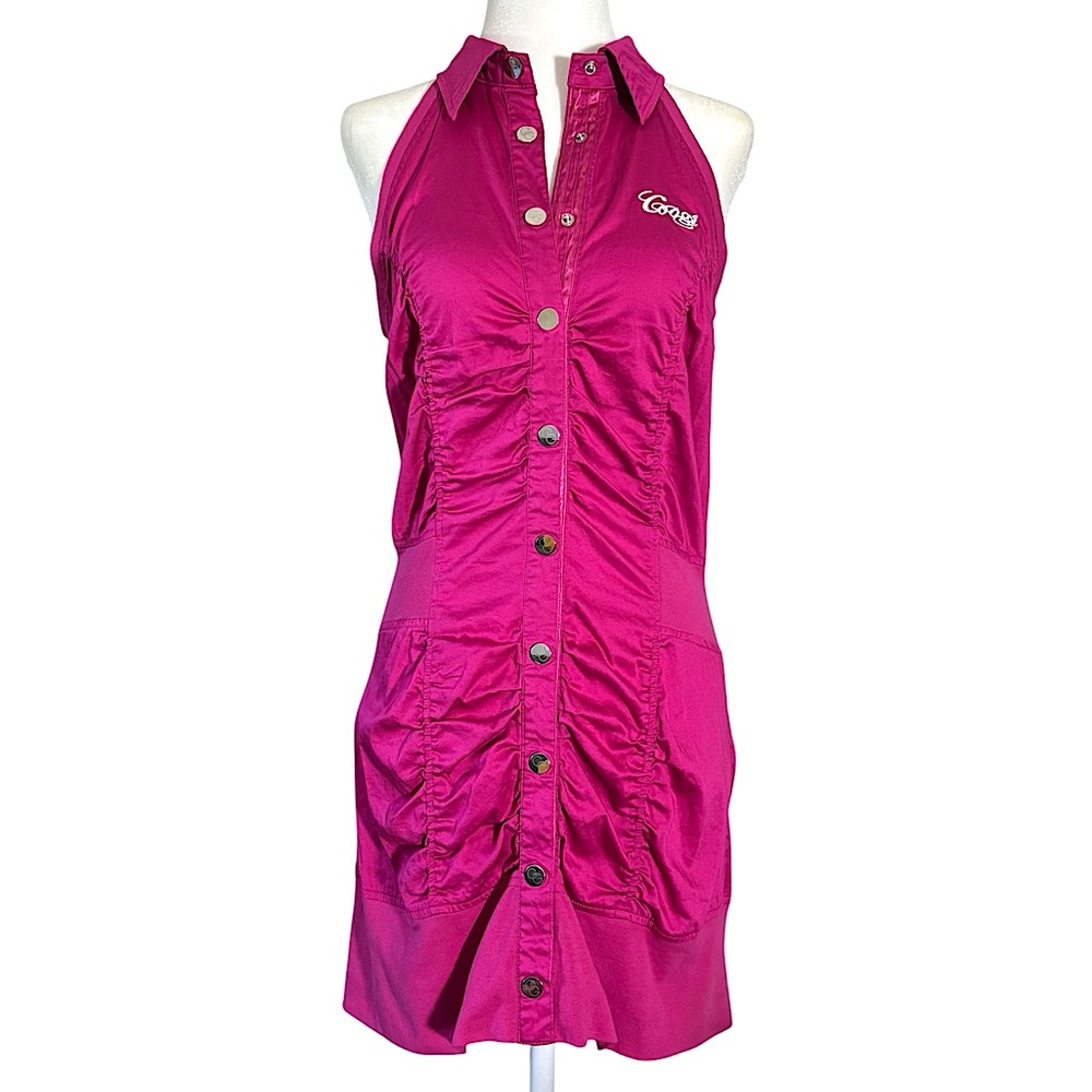 Y2K Vintage Coogi Pink Magenta Ruched Sleeveless Mini Dress Lion Crest Large